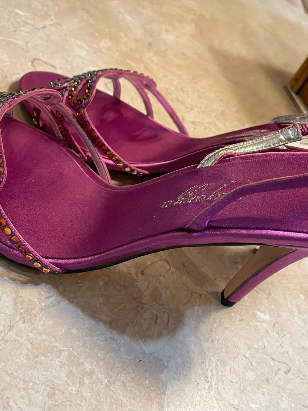 Roberto Botticelli Fuchsia Satin Slingback Heels with Crystal Accents